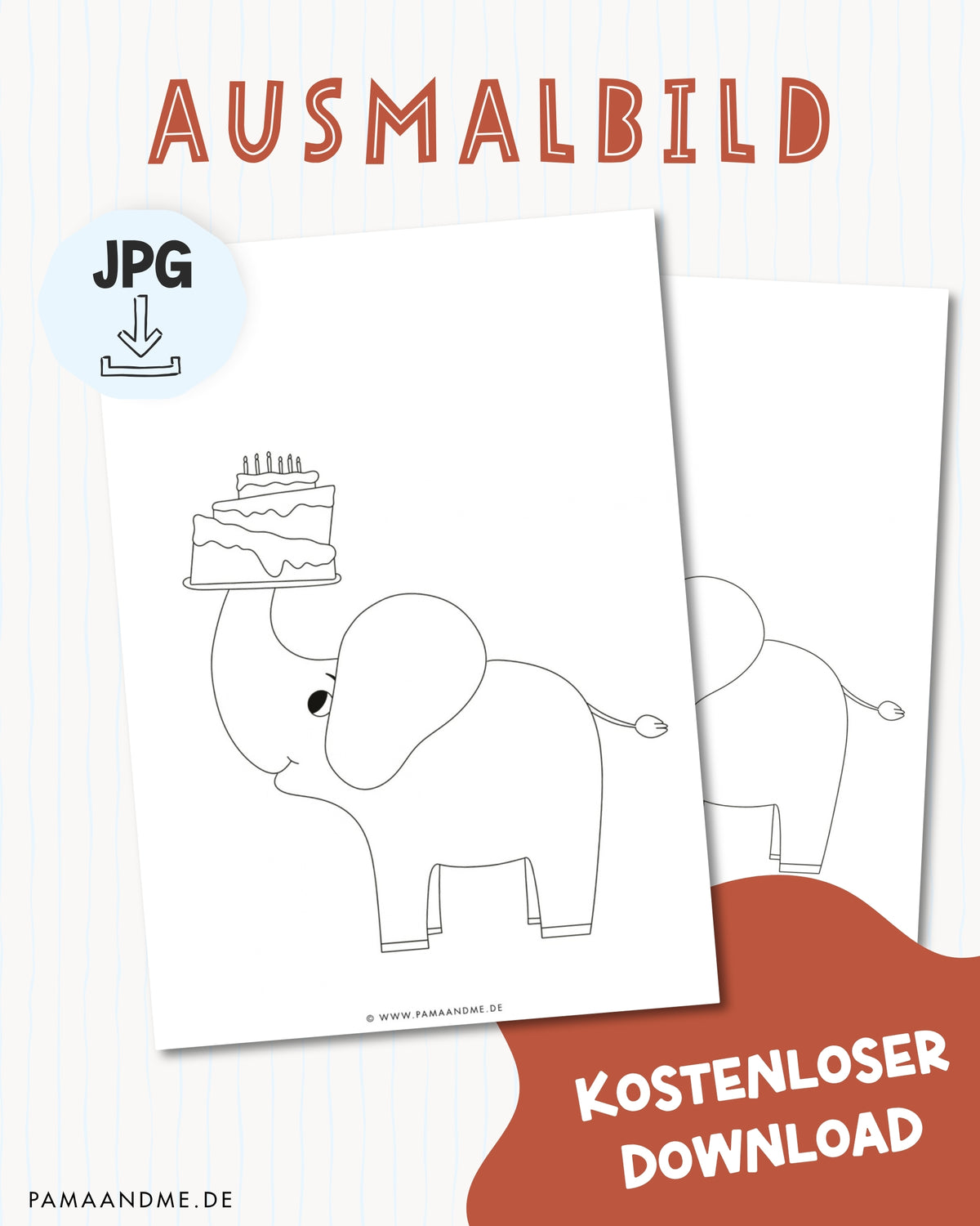 Geburtstags-Ausmalbild Elefant mit Kuchen zum Ausdrucken – handgezeichnet von pama&me