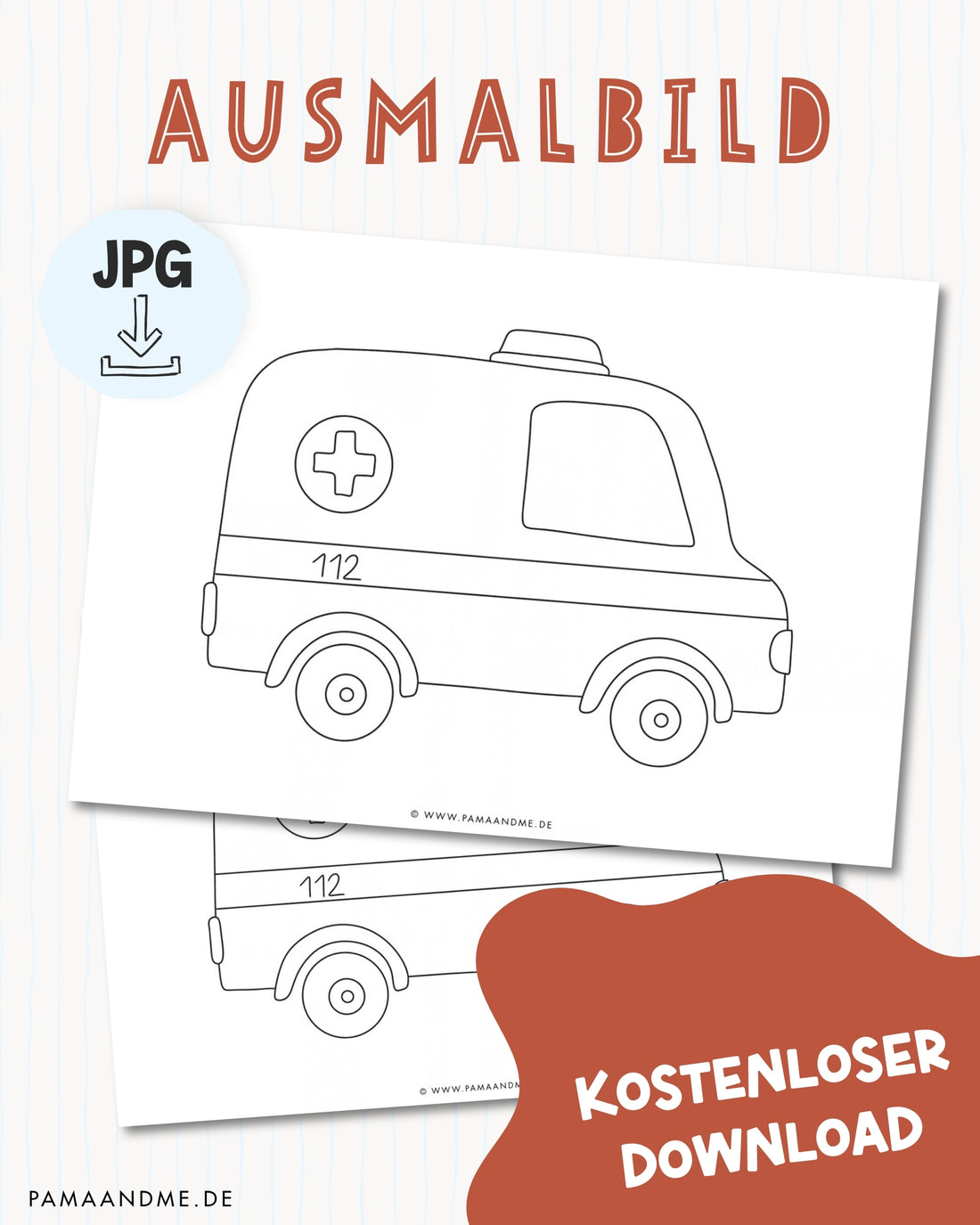Ausmalbild Krankenwagen RTW zum Ausdrucken – handgezeichnet von pama&amp;me