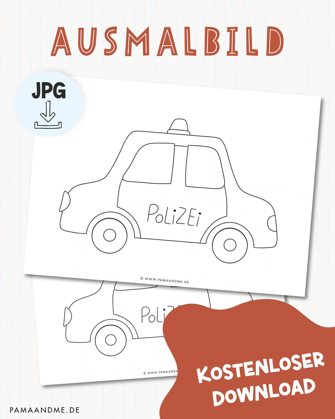 Ausmalbild Polizeiauto zum Ausdrucken – handgezeichnet von pama&amp;me