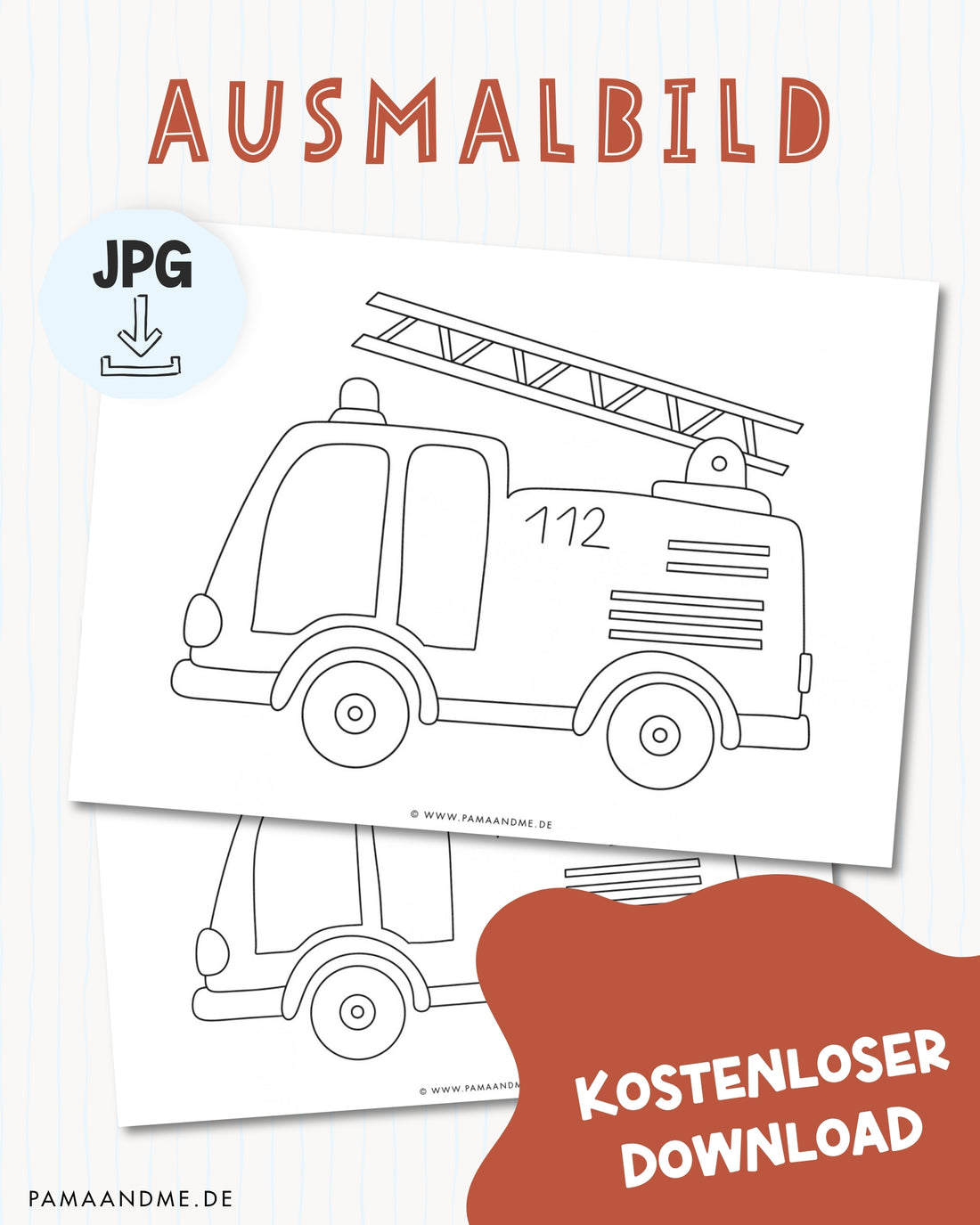 Ausmalbild Feuerwehrauto zum Ausdrucken – handgezeichnet von pama&amp;me