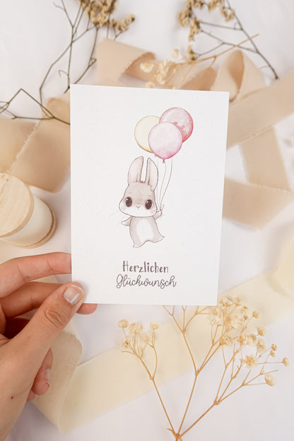 pama&amp;me Postkarte Hase mit Ballon "Herzlichen Glückwunsch"