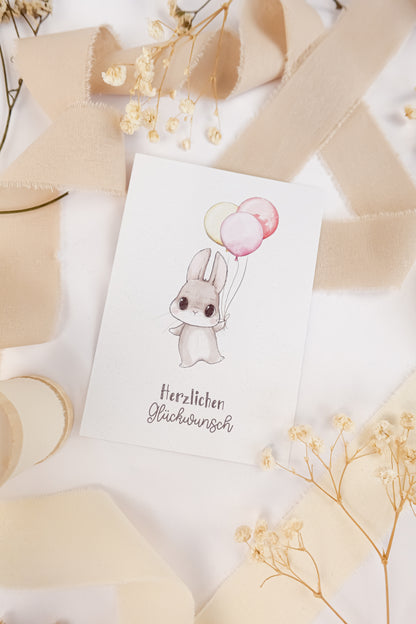 pama&amp;me Postkarte Hase mit Ballon "Herzlichen Glückwunsch"
