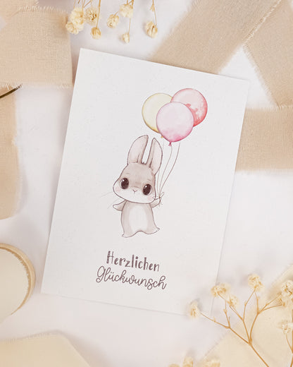 pama&amp;me Postkarte Hase mit Ballon "Herzlichen Glückwunsch"