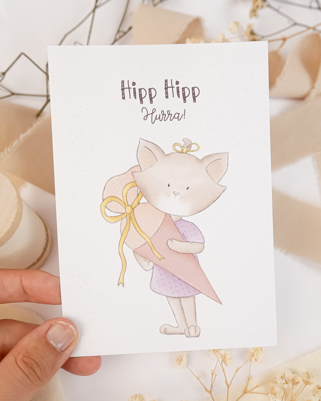 pama&amp;me Postkarte Hipp Hipp Hurra - Schulkind-Katze