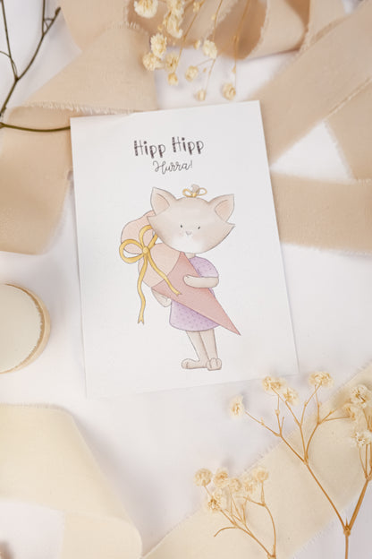 pama&amp;me Postkarte Hipp Hipp Hurra - Schulkind-Katze